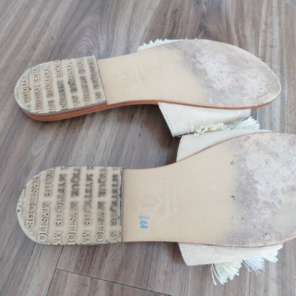 MYSTIQUE Caracas Fringed Leather Slip On Slide Sandals in Beige Beach Size US 7 - Picture 10 of 12